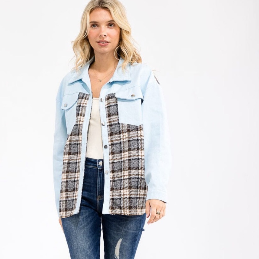 033.Plaid Patchwork Denim Jacket Front Pockets Bu… - image 1